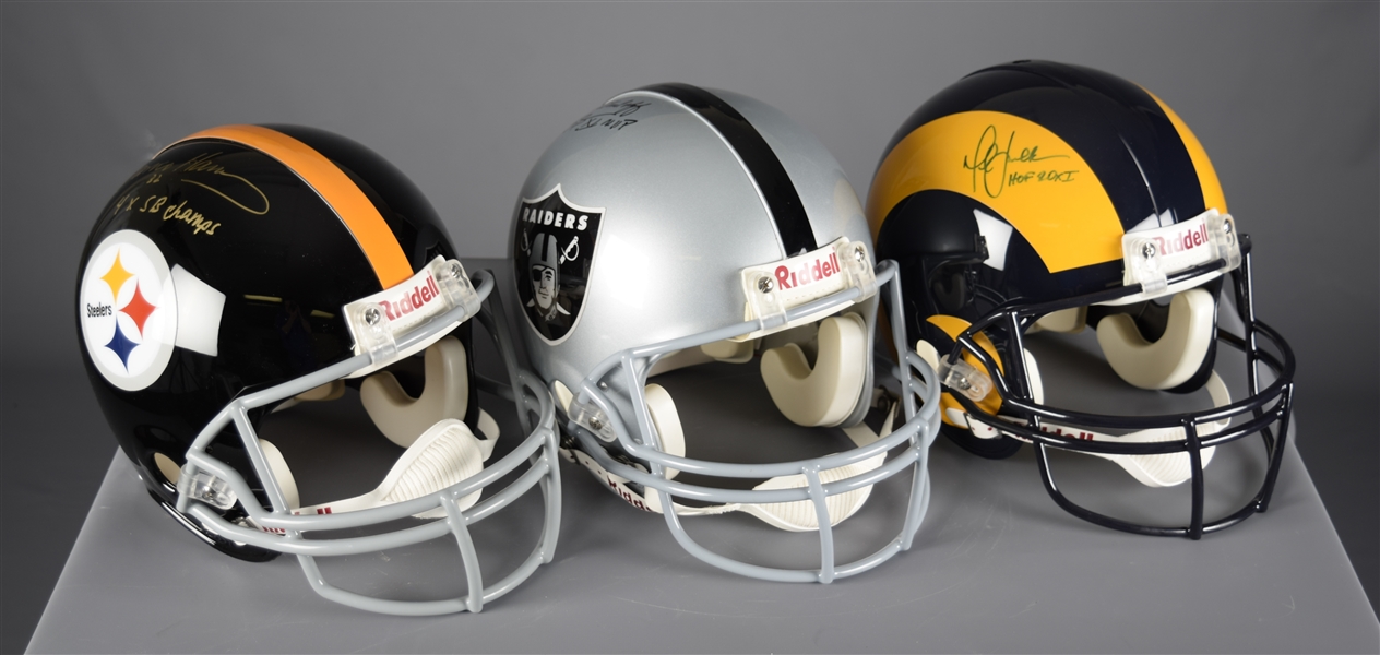 HOFers Franco Harris (Steelers), Marshall Faulk (Rams) and Fred Biletnikoff (Raiders) Signed Full-Size Riddell Helmets with COAs