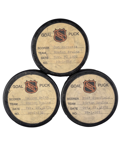 Fred Stanfields, Dallas Smiths and Don Marcottes 1972-74 Goal Pucks from the NHL Goal Puck Program (3) 