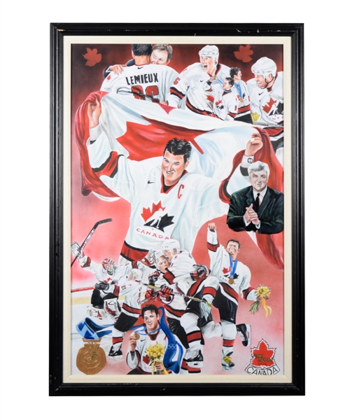 Mario Lemieux and Teammates Team Canada 2002 Winter Olympics Original Framed Painting by Renowned Artist Murray Henderson (30 ½” x 44 ½”) 