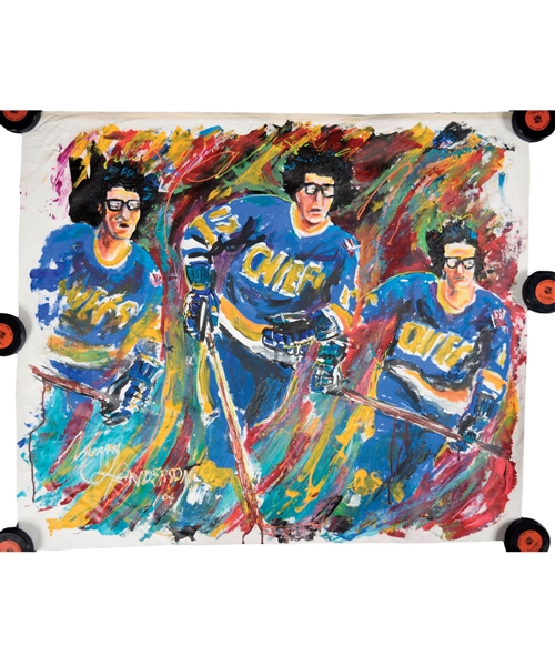 Slap Shot Hanson Brothers Original Painting on Canvas by Renowned Artist Murray Henderson (30" x 36") 