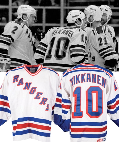 Esa Tikkanens 1993-94 New York Rangers Game-Worn Stanley Cup Playoffs Jersey - Patched for Finals! - 25+ Team Repairs! - Photo-Matched!