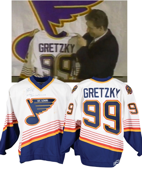 Wayne Gretzkys 1996 St. Louis Blues Signed Press Conference Jersey Gifted to Brett Hull