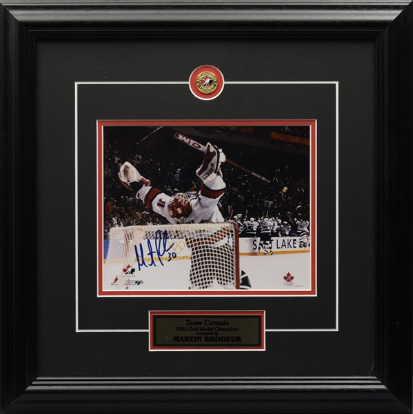 Ed Belfour Signed Dallas Stars Jersey and Martin Brodeur Signed 2002 Winter Olympics Framed Photo