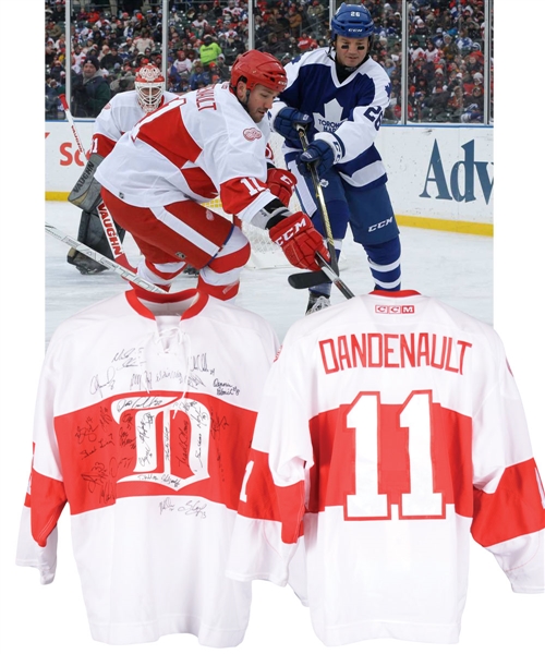 Mathieu Dandenaults 2014 NHL Winter Classic Detroit Red Wings Alumni Game-Worn Team-Signed Jersey by 30+ with Howe, Yzerman, Lidstrom and Others