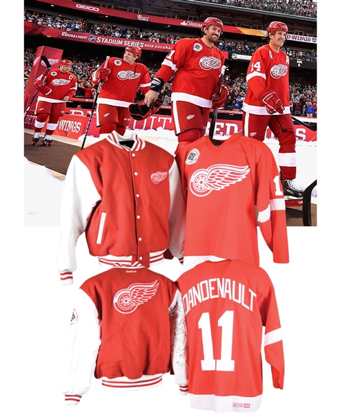 Mathieu Dandenaults 2016 NHL Stadium Series Detroit Red Wings Alumni Game-Worn Jersey and Multi-Signed Jacket