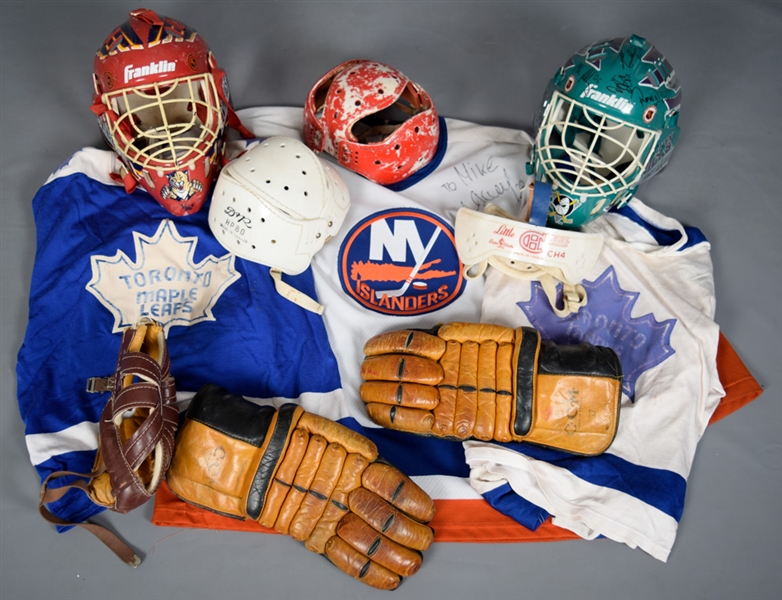 Hockey Memorabilia Collection of 10 with D&R Leather Hockey Helmet, CCM Leather Gloves and Much More!