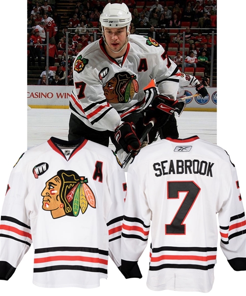 Brent Seabrooks 2007-08 Chicago Black Hawks Game-Worn Alternate Captains Jersey with Team LOA - "WWW" Patch! - Team Repairs! - Photo-Matched!