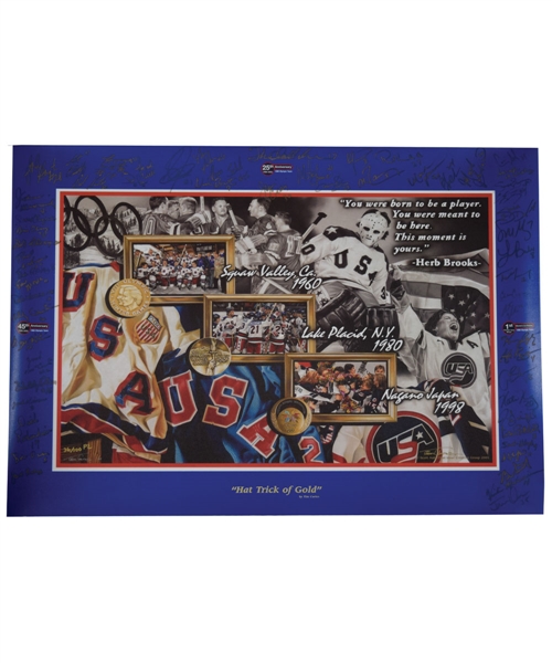 Mark Pavelichs "Hat Trick of Gold" 1960, 1980 and 1998 Team USA Limited-Edition 36/100 PE Team-Signed Print - 57 Signatures! (28” x 40”)