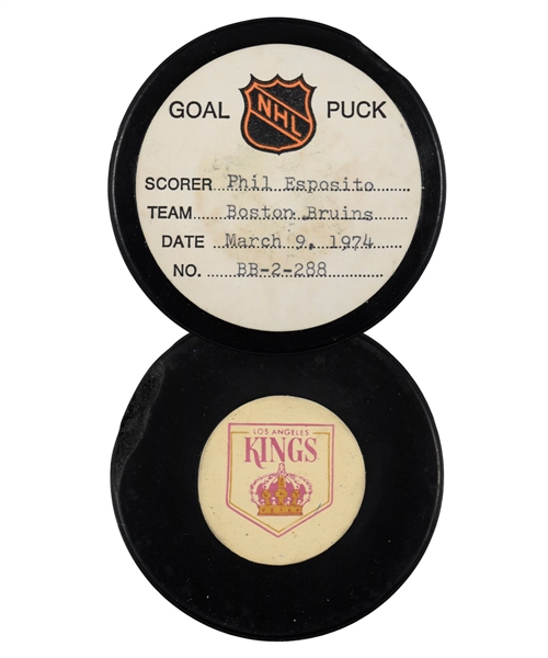 Phil Espositos Boston Bruins March 9th 1974 Goal Puck from the NHL Goal Puck Program - 57th Goal of Season / Career Goal #455 - Assisted by Orr!