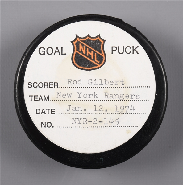 Rod Gilberts New York Rangers January 12th 1974 Goal Puck from the NHL Goal Puck Program - 20th Goal of Season / Career goal #289