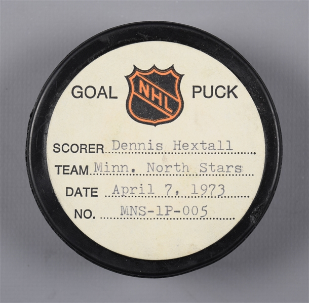 Dennis Hextalls Minnesota North Stars April 7th 1973 Playoff Goal Puck from the NHL Goal Puck Program - 2nd Playoff Goal of Season / Career Playoff Goal #2
