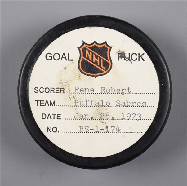 Rene Roberts Buffalo Sabres January 28th 1973 Goal Puck from the NHL Goal Puck Program - 30th Goal of Season / Career Goal #43