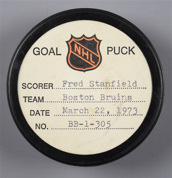 Fred Stanfields Boston Bruins March 22nd 1973 Goal Puck from the NHL Goal Puck Program - 20th Goal of Season / Career Goal #145