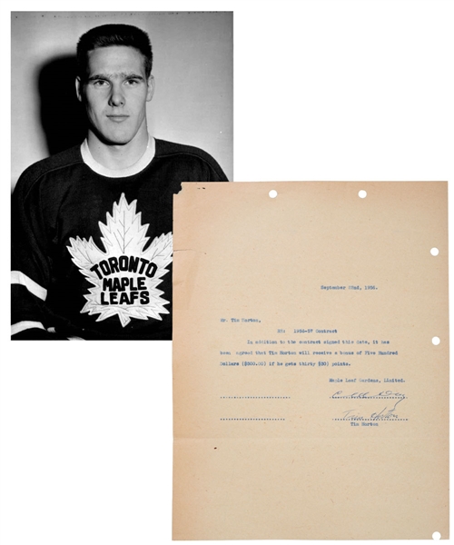 Tim Hortons 1956-57 Toronto Maple Leafs Bonus Contract Signed by Horton and Day