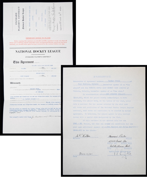 Norman "Bud" Poile 1945-56 Official NHL Contract Signed by Poile and Day, 1942-43 Memorandum of Agreement Signed by Poile and Smythe Plus Other Document