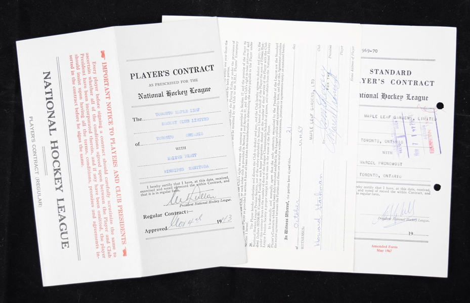Babe Pratts 1943-44 and Marcel Pronovosts 1969-70 Toronto Maple Leafs Official NHL Contracts with Dutton, Day, Pronovost, Gregory and Campbell Signatures