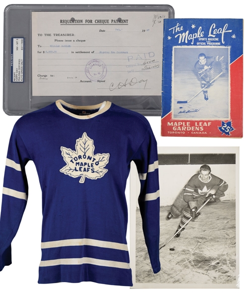 Bill Barilko Toronto Maple Leafs Memorabilia Collection of 16 with 1947 Toronto Maple Leafs Signing Bonus Cheque Requisition, Vintage Leafs #5 Gerry Cosby Jersey, Programs and More!