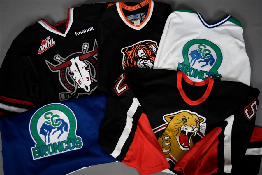 WHL 1990s/2000s Game-Worn Hockey Jersey Collection of 5 with Medicine Hat Tigers, Prince George Cougars, Swift Current Broncos and Red Deer Rebels
