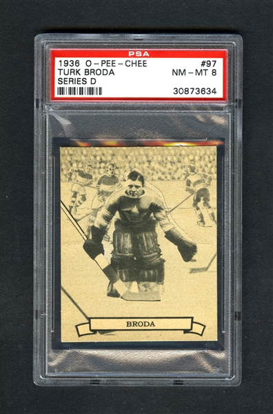 1936-37 O-Pee-Chee Series "D" (V304D) Hockey Card #97 HOFer Turk Broda RC - Graded PSA 8