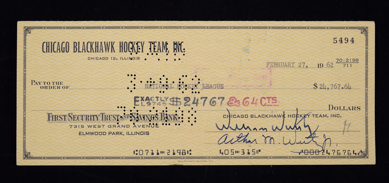 Chicago Black Hawks 1962 Check Made Out to the NHL Signed by Deceased HOFer William Wirtz
