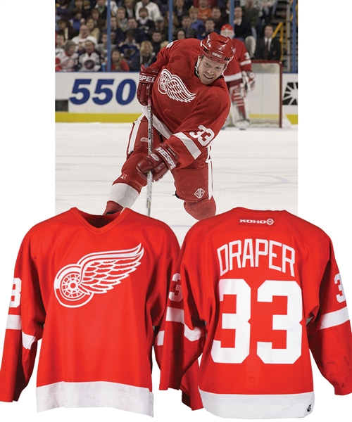 Kris Drapers 2001-02 Detroit Red Wings Game-Worn Jersey with Team COA - Team Repairs! - Photo-Matched!