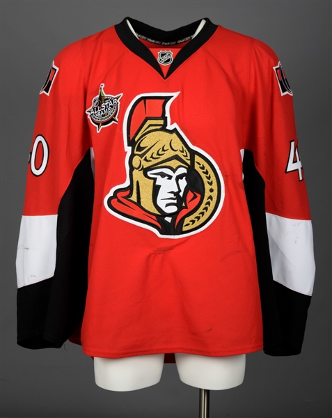 Robin Lehners 2011-12 Ottawa Senators Game-Worn Jersey with Team COA, Signed Game-Used Stick, Locker Nameplate and Customized McFarlane Figurine
