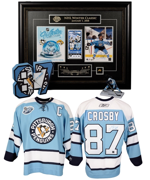 Sidney Crosby Signed Pittsburgh Penguins 2008 Winter Classic Framed Montage and Jersey Plus Custom McFarlane Figurine and Clock