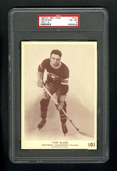 1940-41 O-Pee-Chee (V301-2) Hockey Card #101 HOFer Toe Blake - Graded PSA 6 - Highest Graded!
