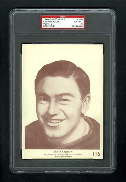1940-41 O-Pee-Chee (V301-2) Hockey Card #116 HOFer Ken Reardon RC - Graded PSA 6 - Highest Graded!