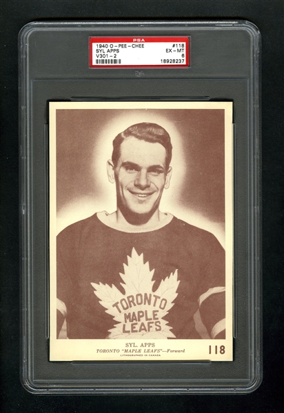 1940-41 O-Pee-Chee (V301-2) Hockey Card #118 HOFer Syl Apps - Graded PSA 6 - Highest Graded!