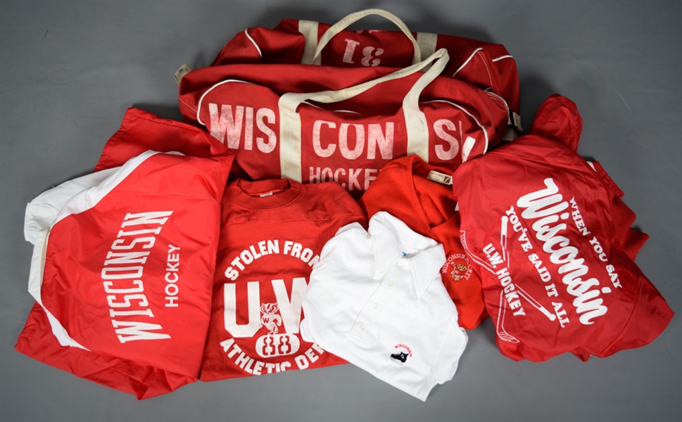 Bob Johnson’s 1970s Wisconsin Badgers Jacket, Jersey, Clothing & Equipment Bag Collection of 6