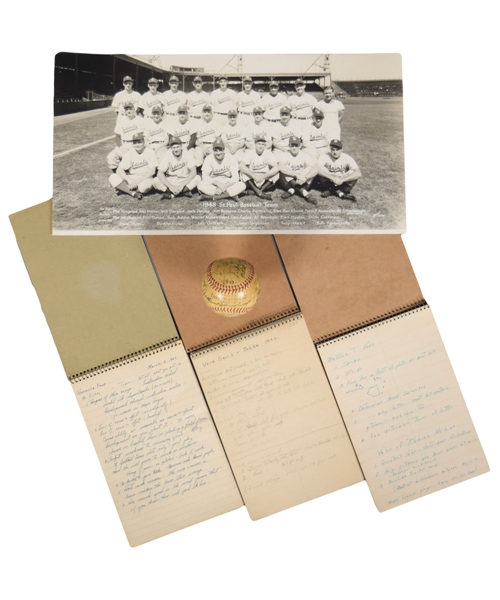Walter Alstons Late-1940s St. Paul Saints Baseball Team Managerial Notebooks (3) and 1948 Team Photo Plus 1949 Montreal Royals Team-Signed Baseball