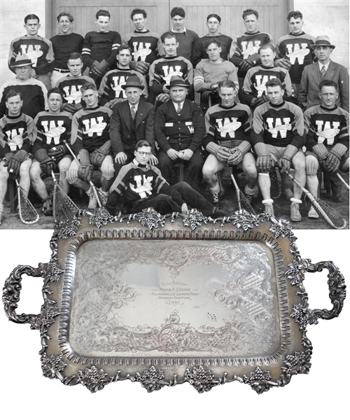 Lacrosse and Hockey HOFer Fred J. Hume 1937 New Westminster Salmonbellies Lacrosse Team Canadian Championship Tray