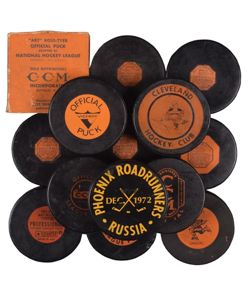 Vintage Hockey Puck Collection of 13 with 1942-50 Art Ross Tyer NHL Game Pucks (4) and 1950-58 Art Ross Tyer NHL Game Puck