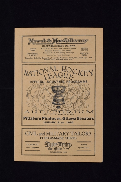 1929-30 Ottawa Senators vs Pittsburgh Pirates NHL Program