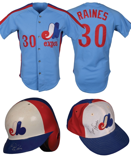 Tim Raines 1980 Montreal Expos Game-Worn Jersey, Signed Game-Worn Cap and Batting Helmet Plus Signed Jersey and Photo