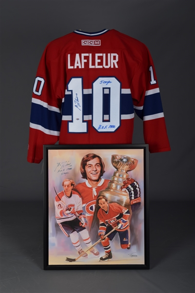 Guy Lafleur Signed Montreal Canadiens Jersey and Framed Print on Canvas with Annotations