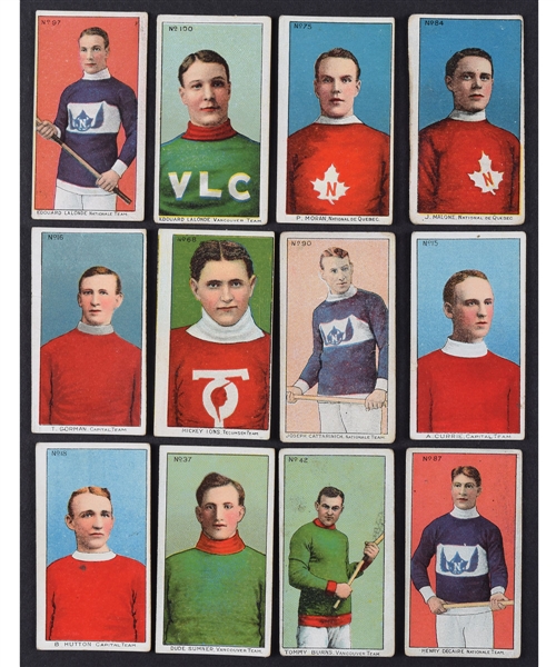 1910-11 Imperial Tobacco C59 Lacrosse Near Complete Set (96/100) Featuring Lalonde, Malone, Moran, Cattarinich, Gorman, Hutton, Burns, Ions and Others