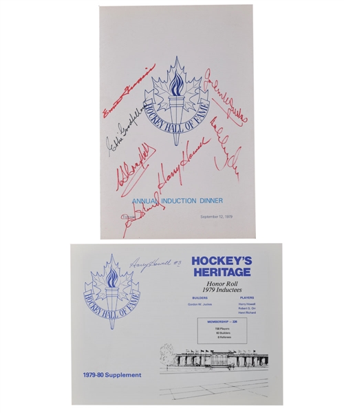 1979 Hockey Hall of Fame Induction Program and Supplement Signed by 8 Including Inductees Orr, Richard, Howell and Juckes
