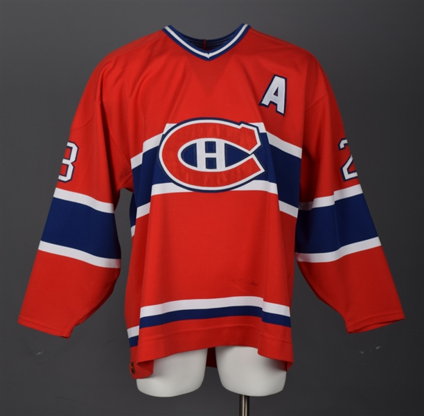 Marc Bureaus Mid-1990s Montreal Canadiens Game-Worn Alternate Captains Jersey - Team Repairs!