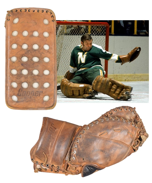Gump Worsleys 1973-74 Minnesota North Stars Signed Cooper Game-Used Glove and Blocker - The Last of His Career!