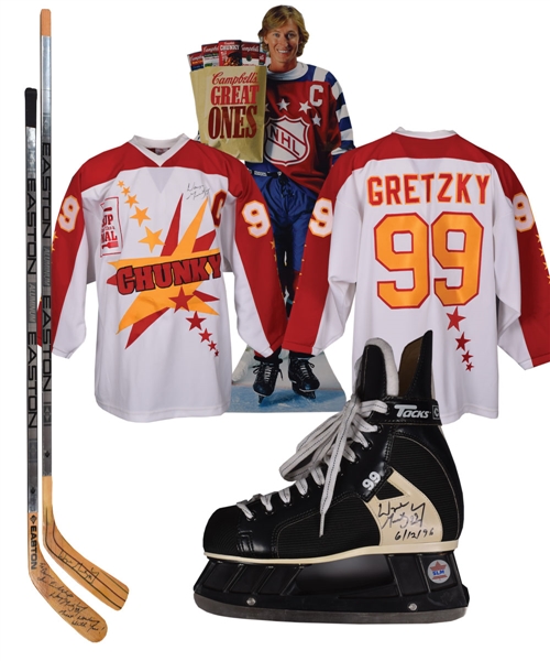 Wayne Gretzkys Mid-1990s Campbell Soup Signed Promotion Jersey, Signed Game-Issued Skate, Signed Easton Sticks (2) and Store Display