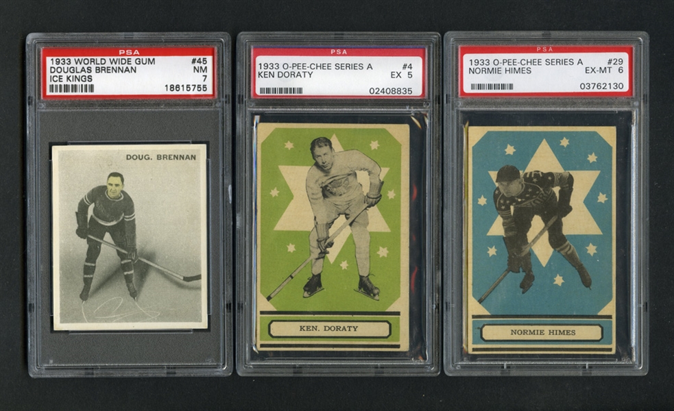 1933-34 O-Pee-Chee Series A #29 Himes RC and #4 Doraty RC Plus 1933-34 World Wide Gum Ice Kings #45 Brennan RC - All PSA-Graded