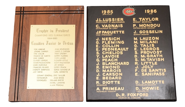 Verdun Junior Canadiens 1984-85 QMHJL President Trophy Plaque, 1985-86 Montreal Forum Plaque and Team Photos (4) - Claude Lemieux