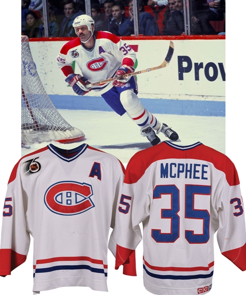 Mike McPhees 1991-92 Montreal Canadiens Game-Worn Alternate Captains Jersey - 75th Patch! - Team Repairs! - Photo-Matched!