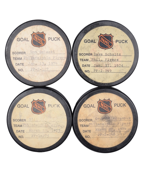 Philadelphia Flyers 1972-74 Goal Pucks from the NHL Goal Puck Program (4) Including Schultz 