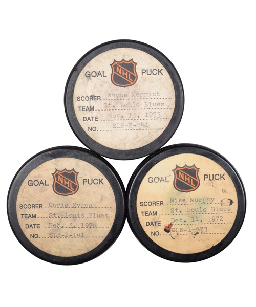 St. Louis Blues 1972-74 Goal Pucks from the NHL Goal Puck Program (3)
