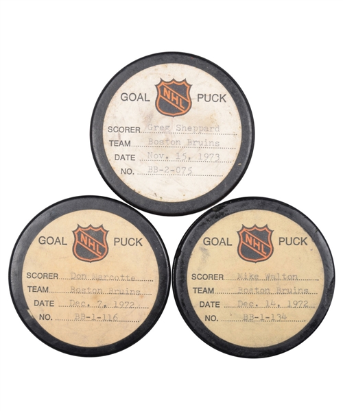 Boston Bruins 1972-74 Goal Pucks from the NHL Goal Puck Program (3) Including Marcotte Assisted by Orr!