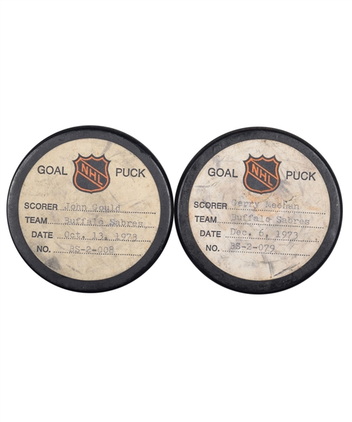 Buffalo Sabres 1973-74 Goal Pucks from the NHL Goal Puck Program (2) - Meehan and Gould