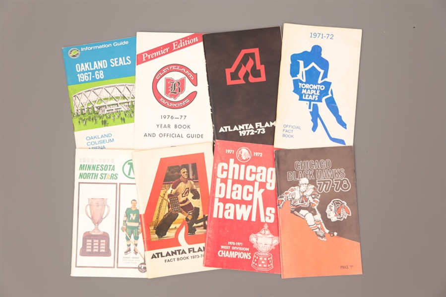 1960s/1970s Collection of 8 NHL Media Guide Including 1967-68 Oakland Seals, 1972-73 Atlanta Flames and 1976-77 Cleveland Barons